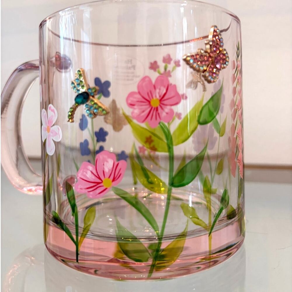 2pc Hand Painted & Jeweled Glass Mugs Multicolored Floral Butterfly NEW - Picture 14 of 15